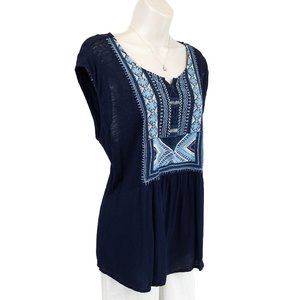 Lucky Brand top embroidered split neck blue XL